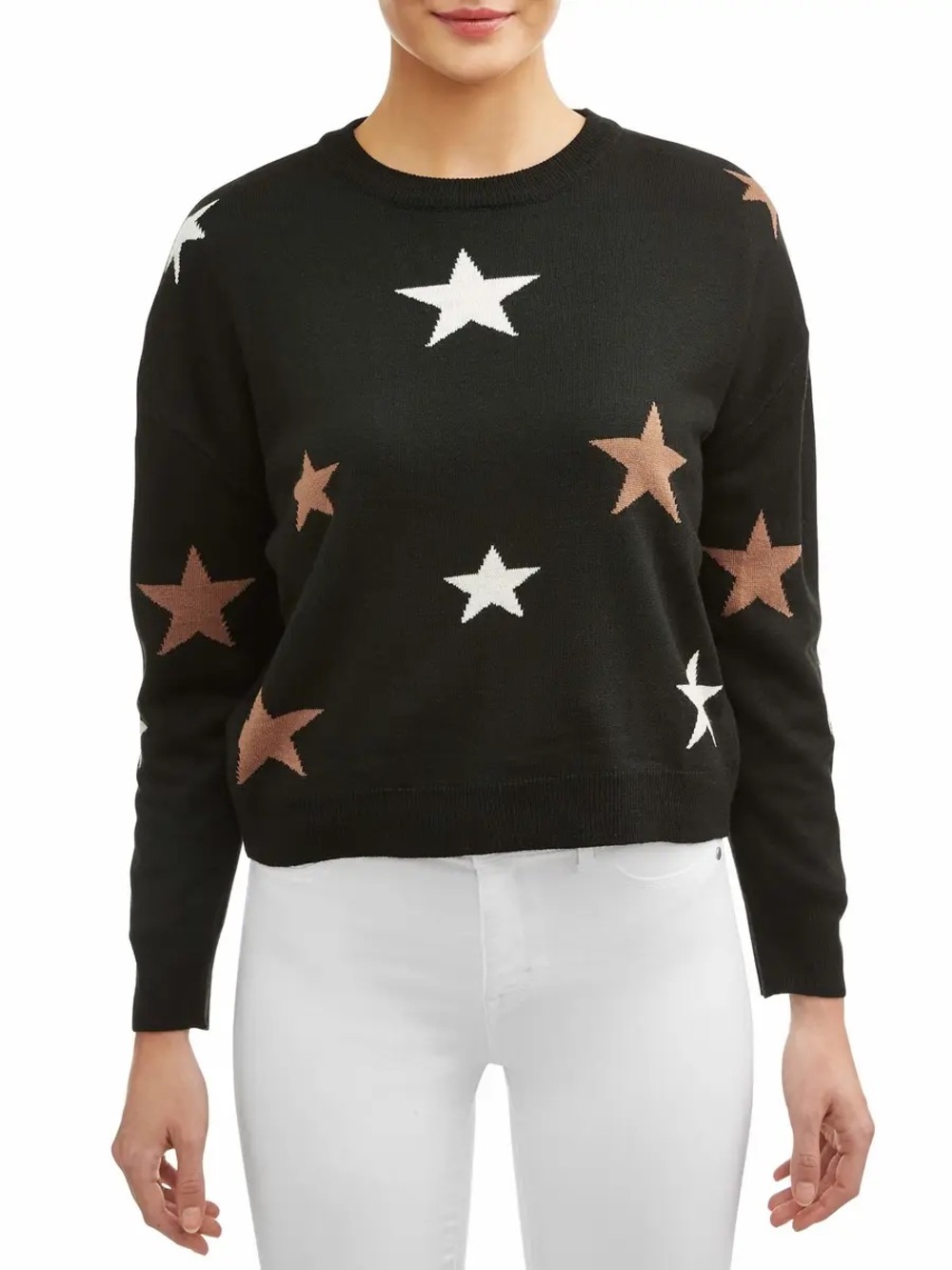LOVE SADIE Black Star-Print 100% Acrylic Crewneck Sweater SMALL